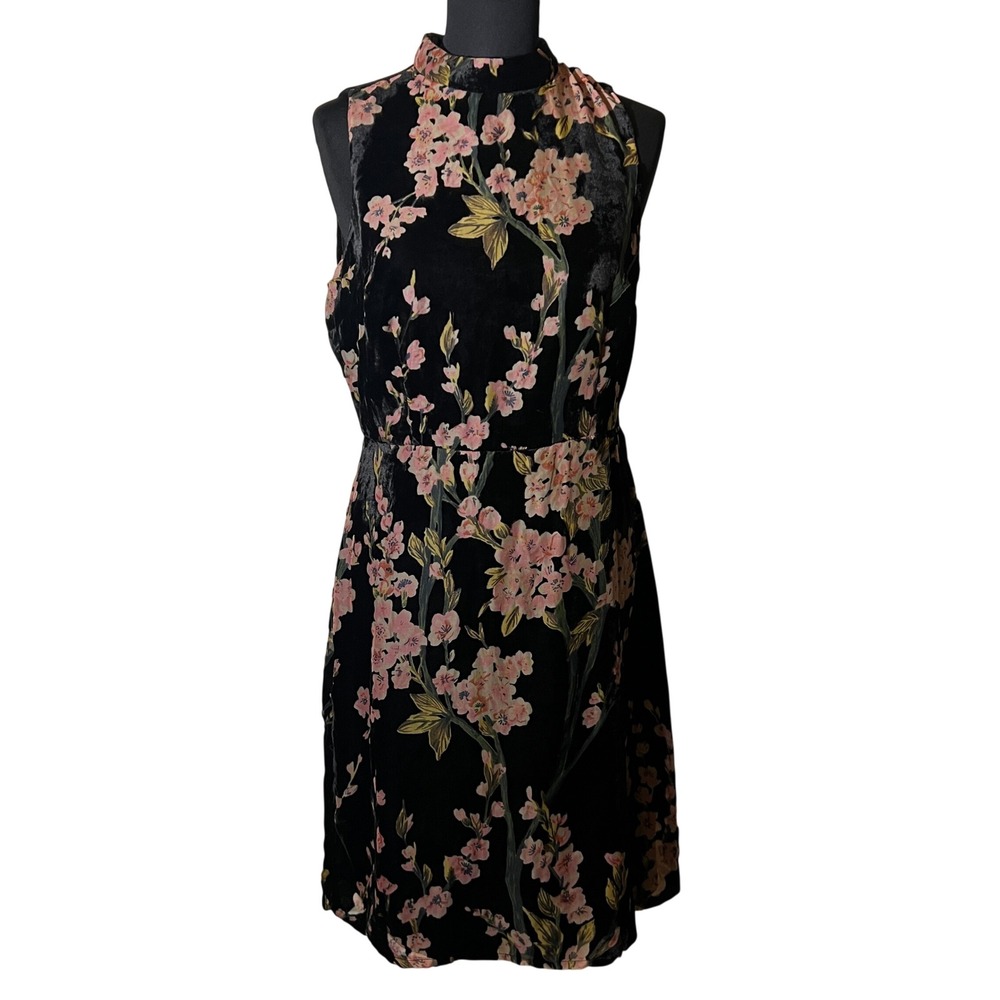 Aakaa Floral Velvet Mini Dress in Black Pink Cherry Blossom, Women's Size Medium - Picture 2 of 11